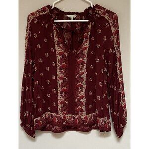 Lucky Brand Womens Shirt Wine Floral Crepe Long Sleeve V Neck XS